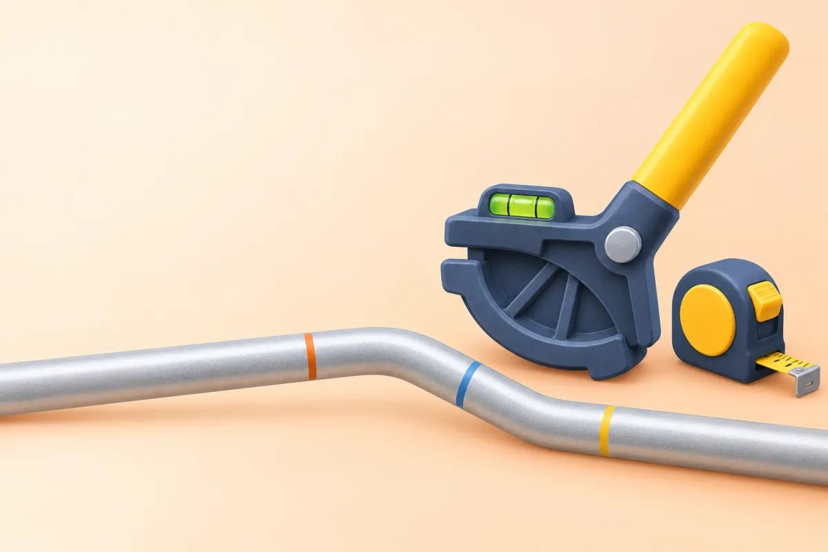 A hand bender and tape measure beside a bent conduit with orange, blue and yellow marks